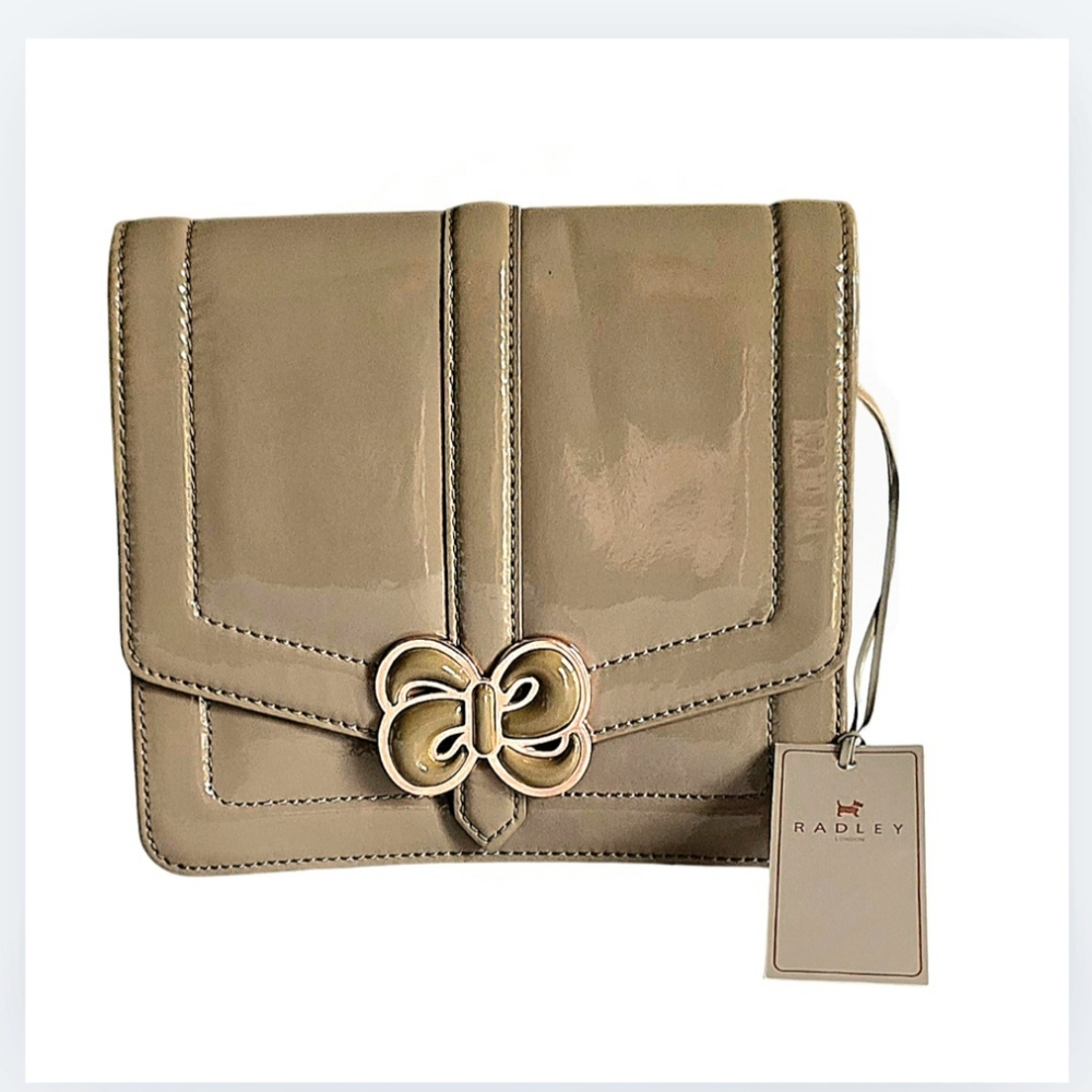 Radley London D'Arblay Taupe Patent Leather Purse Clutch NO STRAP New